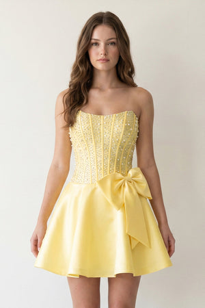 Yellow Sparkly Strapless A-Line Satin Corset Mini Homecoming Dress With Rhinestones – Homecoming Dress by KissProm | Available at KissProm