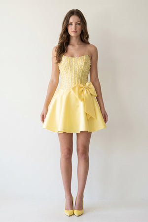 Yellow Sparkly Strapless A-Line Satin Corset Mini Homecoming Dress With Rhinestones – Homecoming Dress by KissProm | Available at KissProm