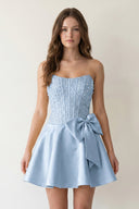 Sky Blue Sparkly Strapless A-Line Satin Corset Mini Homecoming Dress With Rhinestones - KISSPROM
