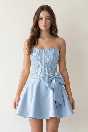 Sky Blue Sparkly Strapless A-Line Satin Corset Mini Homecoming Dress With Rhinestones - KISSPROM