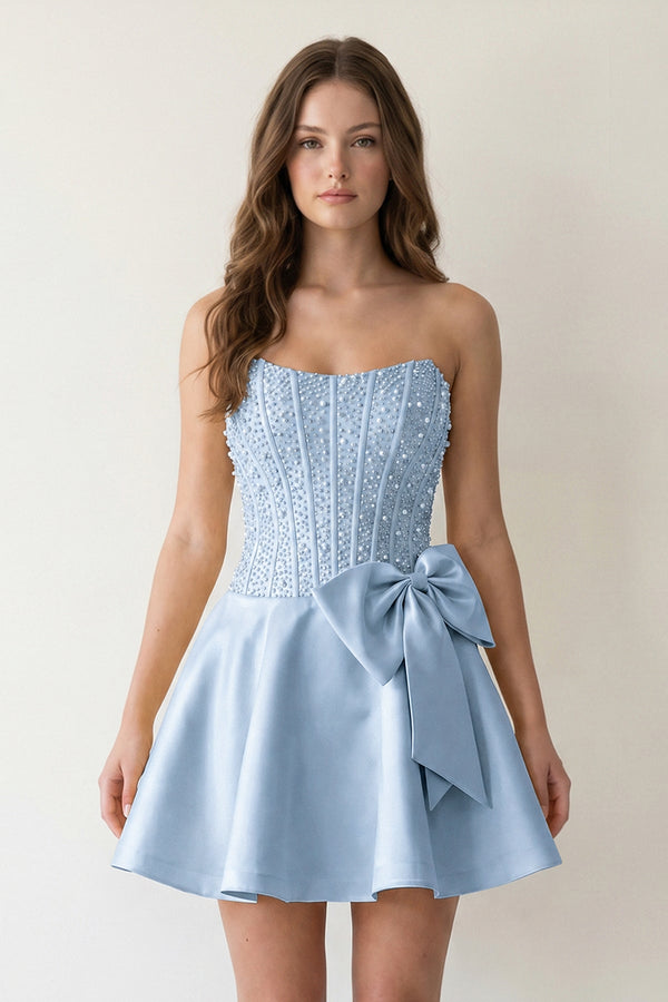 Sky Blue Sparkly Strapless A-Line Satin Corset Mini Homecoming Dress With Rhinestones - KISSPROM