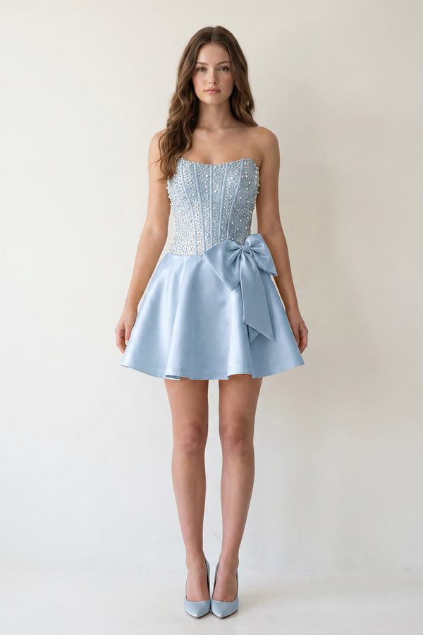 Sky Blue Sparkly Strapless A-Line Satin Corset Mini Homecoming Dress With Rhinestones - KISSPROM