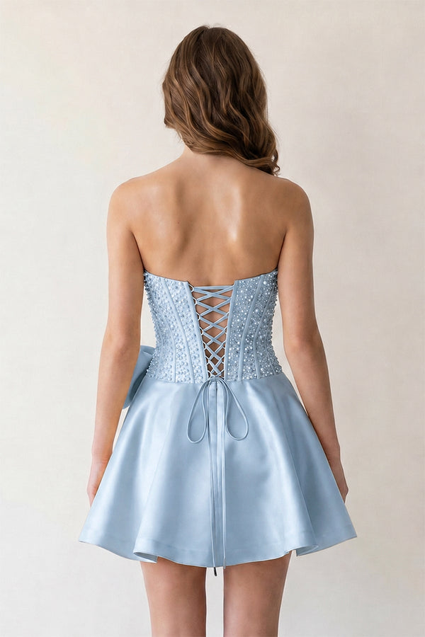 Sky Blue Sparkly Strapless A-Line Satin Corset Mini Homecoming Dress With Rhinestones - KISSPROM