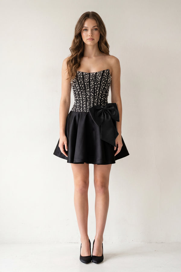 Black Sparkly Strapless A-Line Satin Corset Mini Homecoming Dress With Rhinestones – Homecoming Dress by KissProm | Available at KissProm