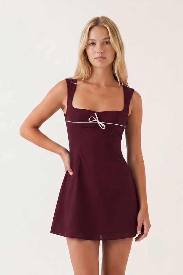 Burgundy Square Neck A-Line Satin Homecoming Dress With Lace-Up Back | KISSPROM