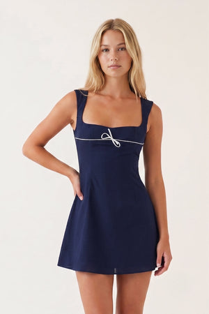 Navy Blue Square Neck A-Line Satin Homecoming Dress With Lace-Up Back | KISSPROM
