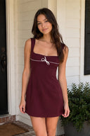 Burgundy Square Neck A-Line Satin Homecoming Dress With Lace-Up Back | KISSPROM