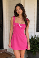 Hot Pink Square Neck A-Line Satin Homecoming Dress With Lace-Up Back | KISSPROM