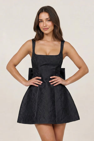 Black Square Neck A Line Short Homecoming Dresses With Bow | KISSPROM