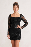 Black Square Neck Sheath Long Sleeves Sequins Mini Homecoming Dresses | KISSPROM