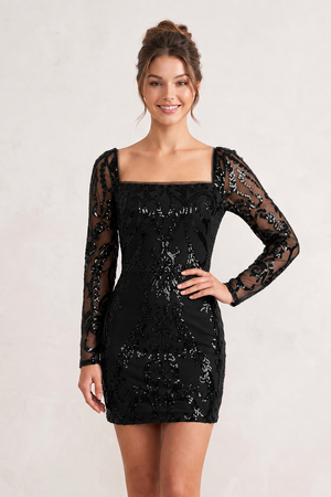 Black Square Neck Sheath Long Sleeves Sequins Mini Homecoming Dresses | KISSPROM