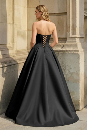 Black Strapless A Line Pleated Satin Long Prom Dresses With Flower - KissProm