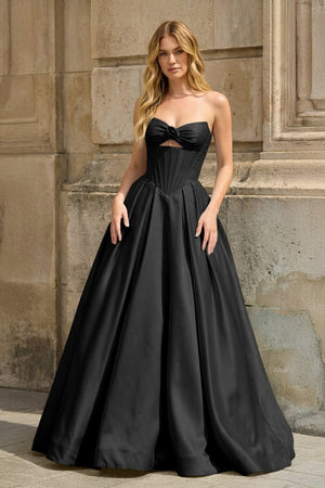 Black Strapless A Line Pleated Satin Long Prom Dresses With Flower - KissProm