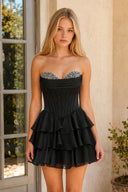 Black Strapless A Line Ruffles Homecoming Dress With Beading | KISSPROM