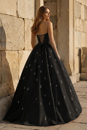 KissProm-Black Strapless A Line Satin Long Prom Dresses With Beading
