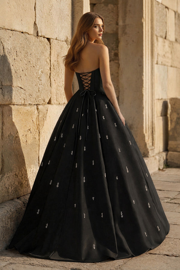 KissProm-Black Strapless A Line Satin Long Prom Dresses With Beading