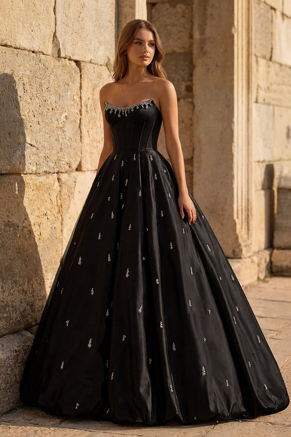 KissProm-Black Strapless A Line Satin Long Prom Dresses With Beading