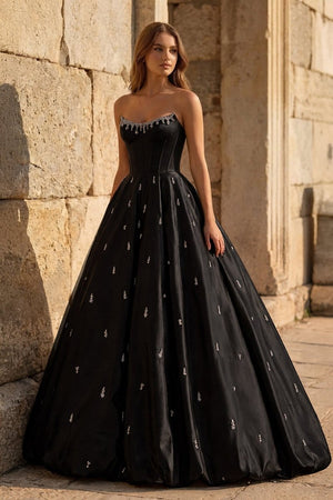 Yellow Strapless A Line Satin Long Prom Dresses With Beading – Prom Dress by KissProm | Available at KissProm