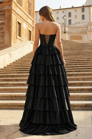 KissProm-Black Sweetheart A Line Satin Ruffled Long Prom Dresses With Slit