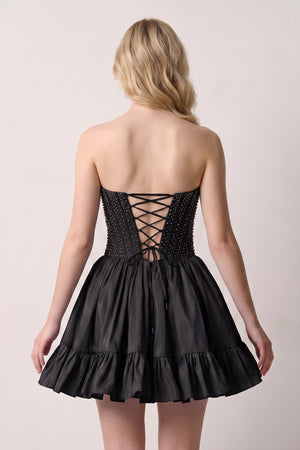 Black Strapless A Line Satin Ruffles Homecoming Dresses With Pearls (2) | KISSPROM