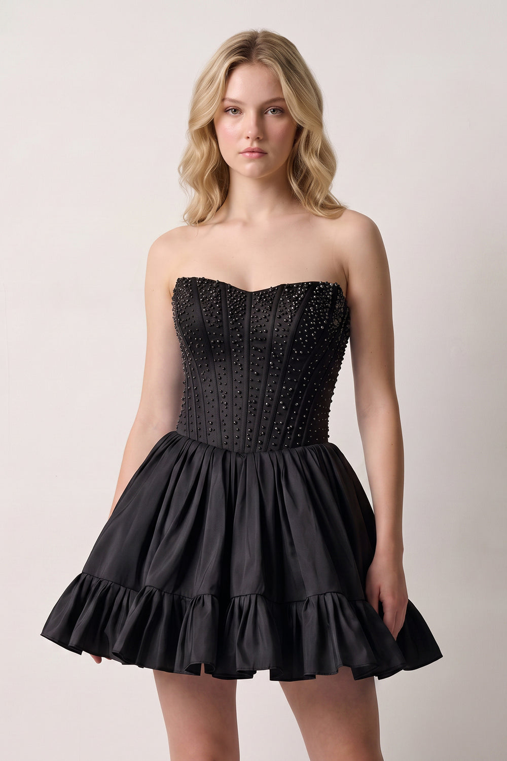 Black Strapless A Line Satin Ruffles Homecoming Dresses With Pearls | KISSPROM
