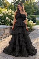 Black Strapless A-Line Tiered Crinkled Tulle Prom Dress | KISSPROM