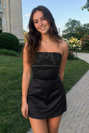 Black Strapless Appliqued Satin Sheath Homecoming Dress | KISSPROM