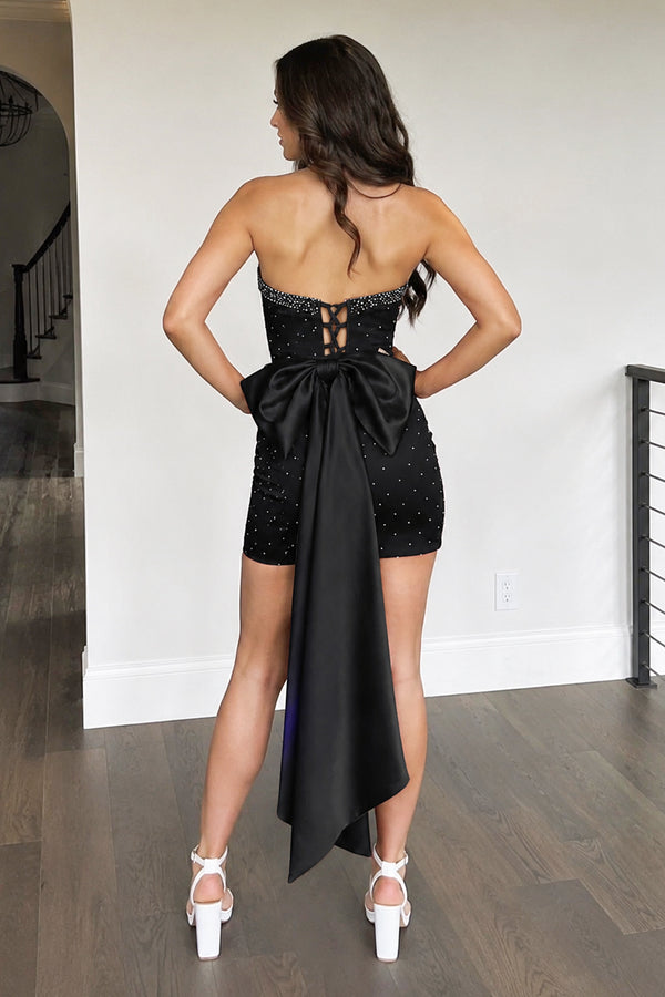 Black Strapless Beaded Sheath Short Prom Dresses Homecoming Dress | KISSPROM