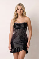 Black Strapless Bodycon Satin Pleated Homecoming Dresses With Beading | KISSPROM