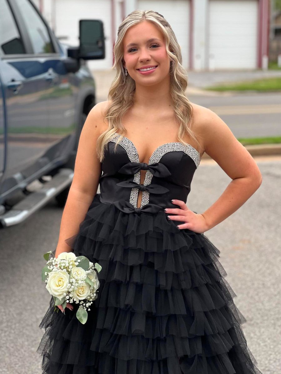 Black Sweetheart Bow Ruffle Long Prom Dress with Slit Black Sweetheart Bow Ruffle Long Prom Dress with Slit