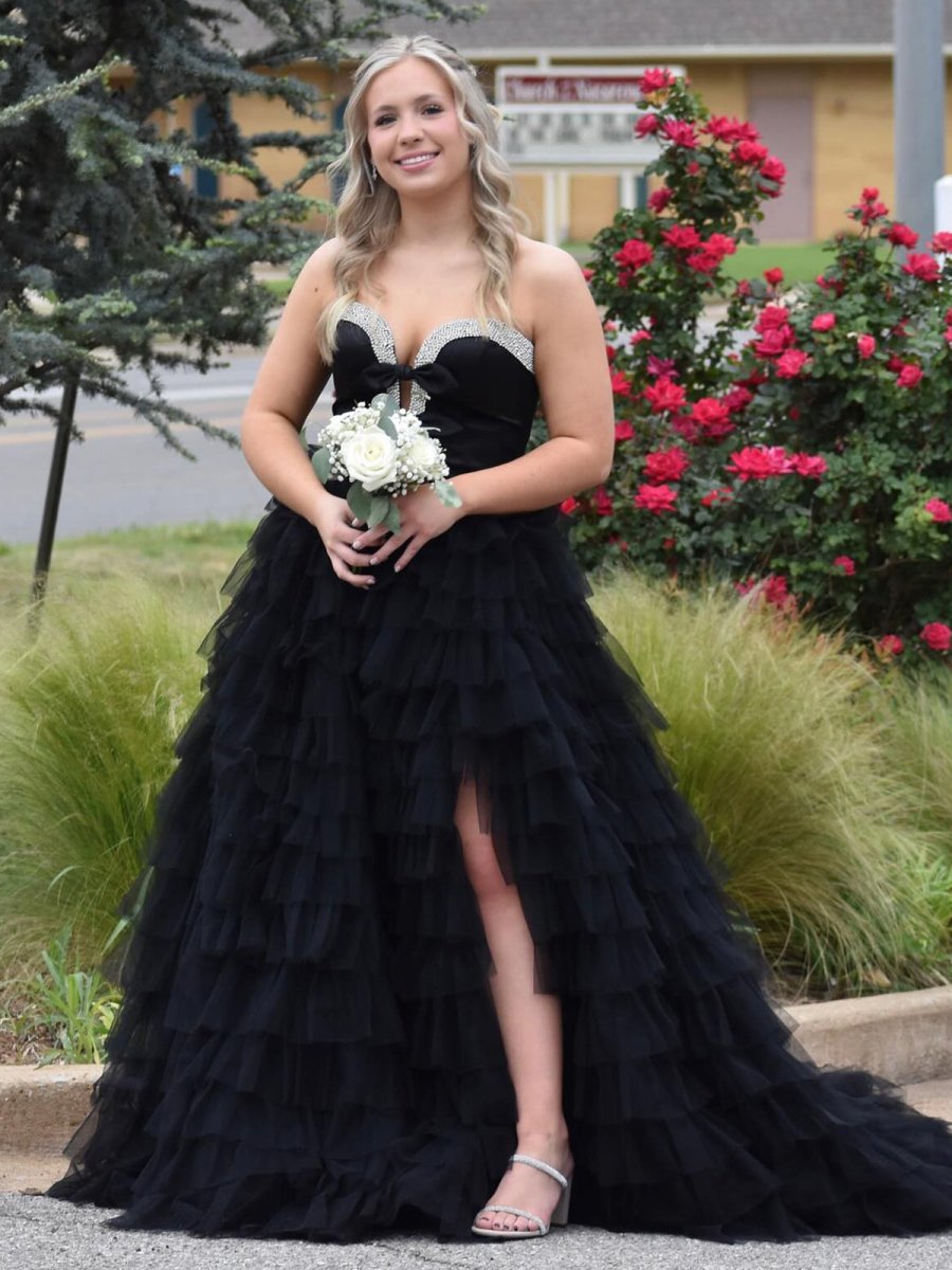 Cola Slush Geek Bar Price Black Sweetheart Bow Ruffle Long Prom Dress with Slit Black / 8 / Cola Slush Geek Bar Price Black Sweetheart Bow Ruffle Long Prom Dress with Slit Black / 8 /