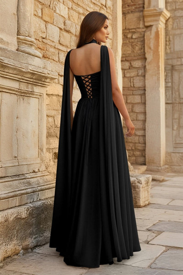 Black Strapless Chiffon A Line Long Formal Dress With Scarf (2) | KISSPROM