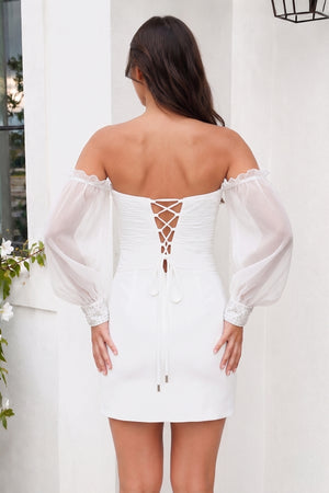 Black Off-the-Shoulder Keyhole Short Party Dress with Balloon Sleeves - KissProm