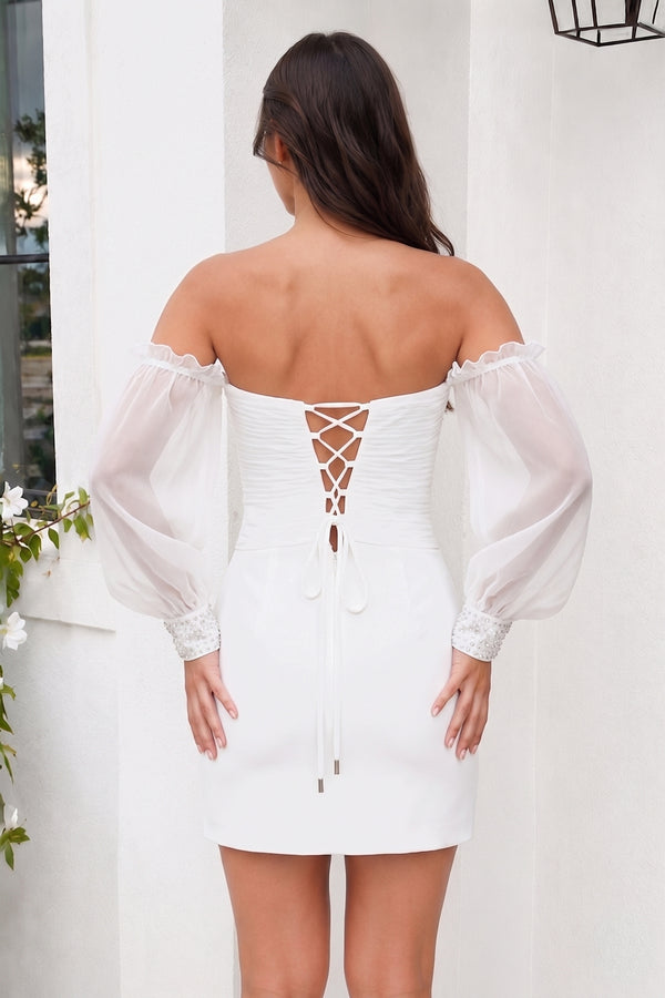 Black Off-the-Shoulder Keyhole Short Party Dress with Balloon Sleeves - KissProm