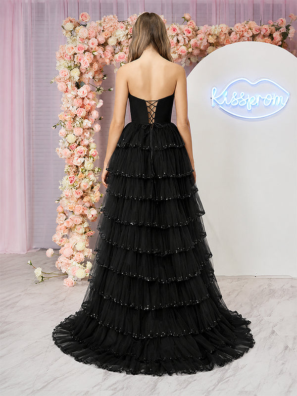 Black Strapless Layered Tulle Prom Dress with Sequins - KissProm