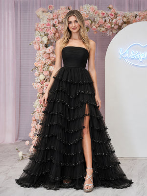 Black Strapless Layered Tulle Prom Dress with Sequins - KissProm