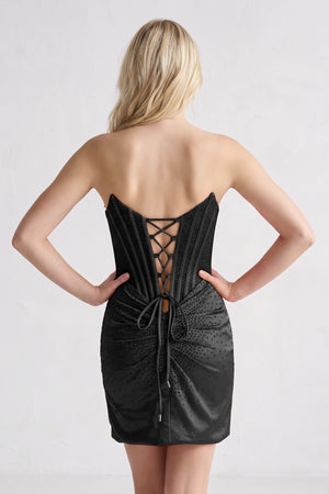 Black Strapless Satin Bodycon Short Homecoming Dresses With Beading (4) | KISSPROM