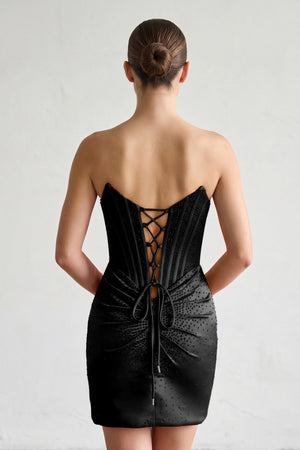Black Strapless Satin Bodycon Short Homecoming Dresses With Beading - KISSPROM