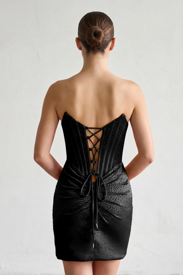 Black Strapless Satin Bodycon Short Homecoming Dresses With Beading - KISSPROM