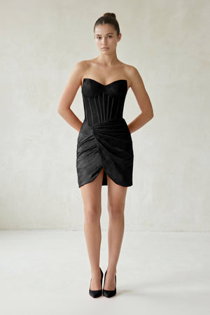 Black Strapless Satin Bodycon Short Homecoming Dresses With Beading - KISSPROM