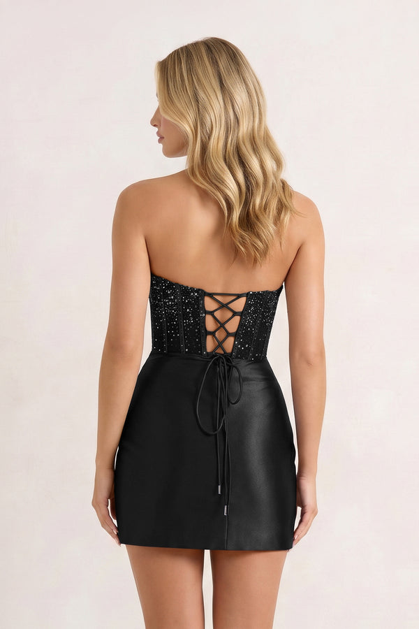 Black Strapless Satin Corset Bodycon Mini Party Dress with Beading (2) | KISSPROM