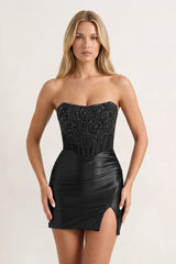 Black Strapless Satin Corset Bodycon Mini Party Dress with Beading | KISSPROM