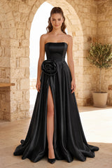 Black Strapless Satin Long Prom Dress With High Split | KISSPROM