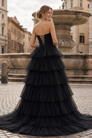 A-Line Strapless Tiered Tulle Prom Dress with Ruffles - KissProm