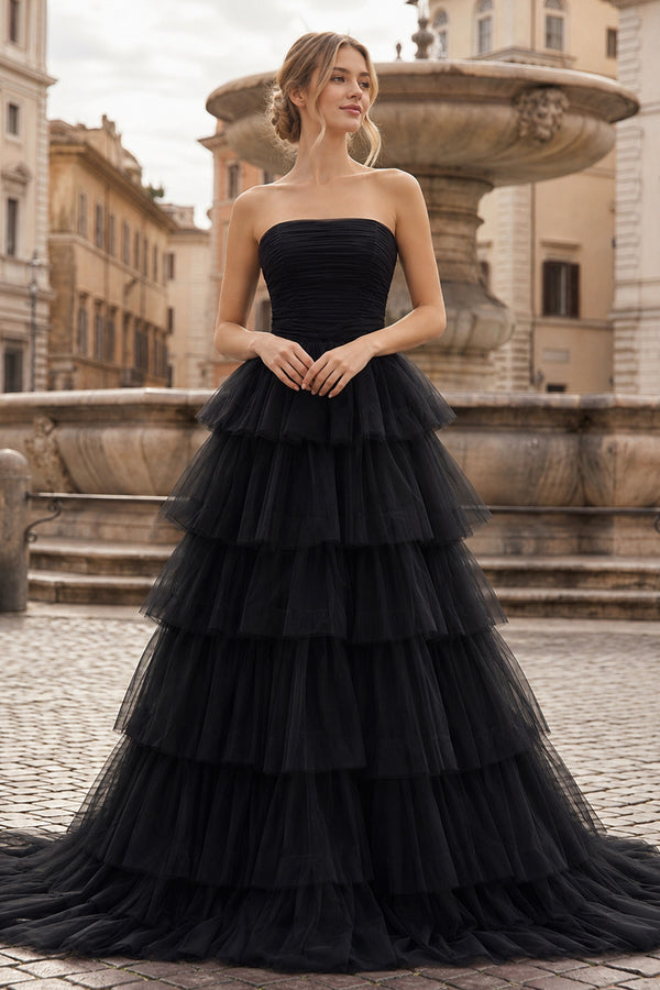 A-Line Strapless Tiered Tulle Prom Dress with Ruffles - KissProm