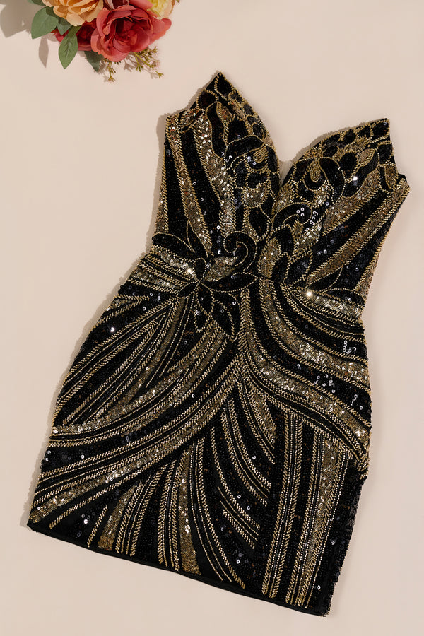 Black Strapless V Neck Sequins Bodycon Short Homecoming Dresses - KISSPROM