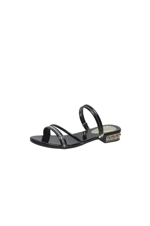 Black Strappy Rhinestones Low Block Heel Sandal - KissProm