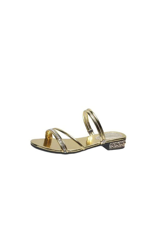 Black Strappy Rhinestones Low Block Heel Sandal - KissProm