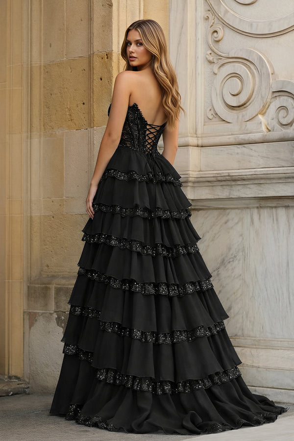 KissProm-Black Sweetheart A Line Sequined Lace Ruffled Long Prom Dresses With Appliques