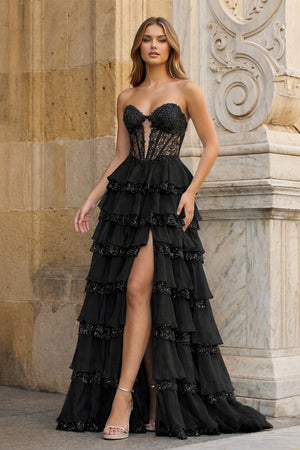 KissProm-Black Sweetheart A Line Sequined Lace Ruffled Long Prom Dresses With Appliques